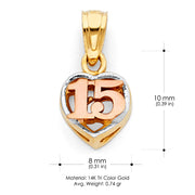 14K Gold Sweet 15 Years Quinceanera Heart Charm Pendant with 0.8mm Box Chain Necklace