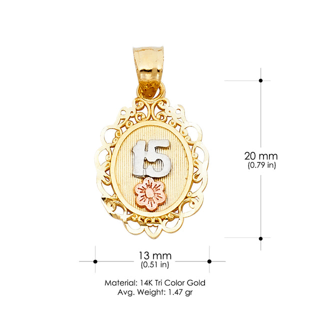 14K Gold Quinceanera Round Pendant with 2.1mm Valentino Chain