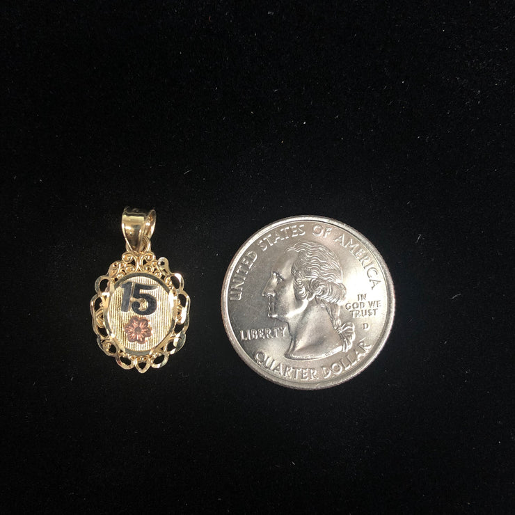 14K Gold Sweet 15 Years Quinceanera Round Charm Pendant with 0.8mm Box Chain Necklace