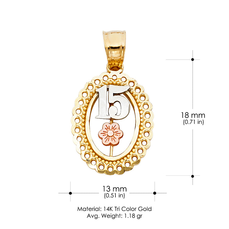 14K Gold Quinceanera Round Pendant with 2mm Figaro 3+1 Chain