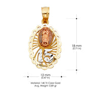 14K Gold Quinceanera Virgin Mary Round Pendant with 2.1mm Valentino Chain