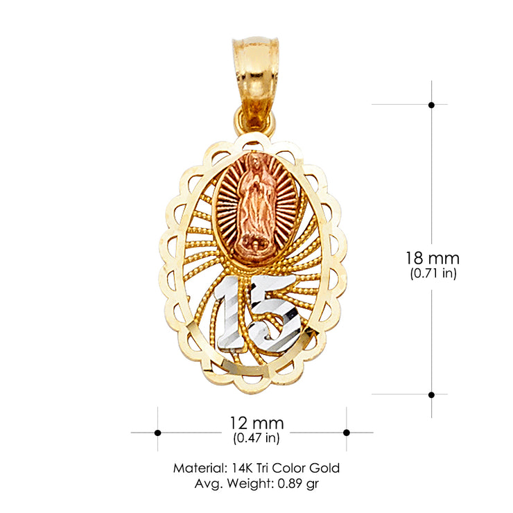 14K Gold Quinceanera Virgin Mary Round Pendant with 2.3mm Hollow Cuban Chain