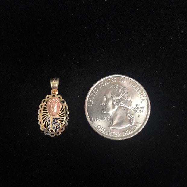 14K Gold Quinceanera Virgin Mary Round Pendant with 2.1mm Valentino Chain