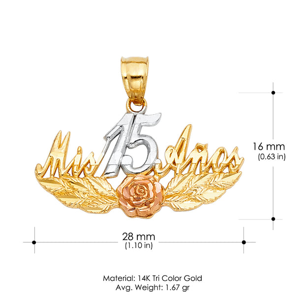 14K Gold Quinceanera Mis 15 Anos Pendant with 2mm Figaro 3+1 Chain
