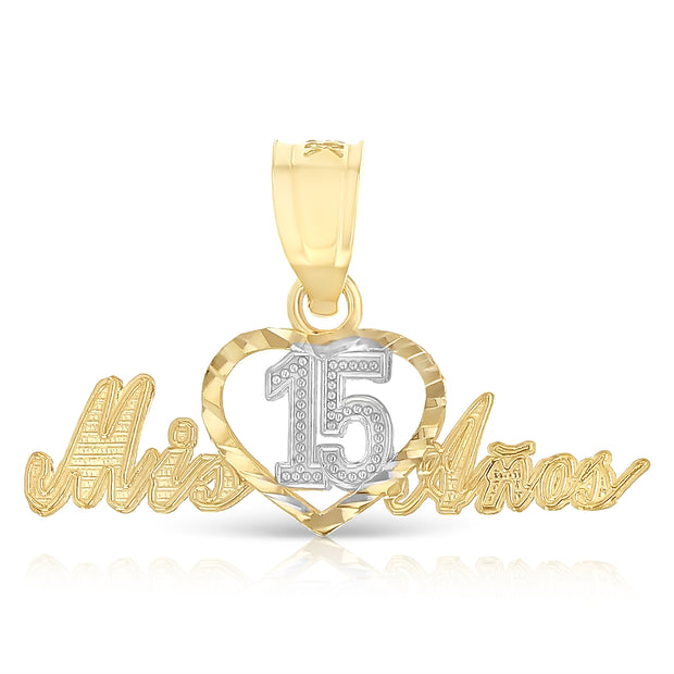 14K Gold Quinceanera Heart Mis 15 Anos Pendant with 1.6mm Figaro 3+1 Chain