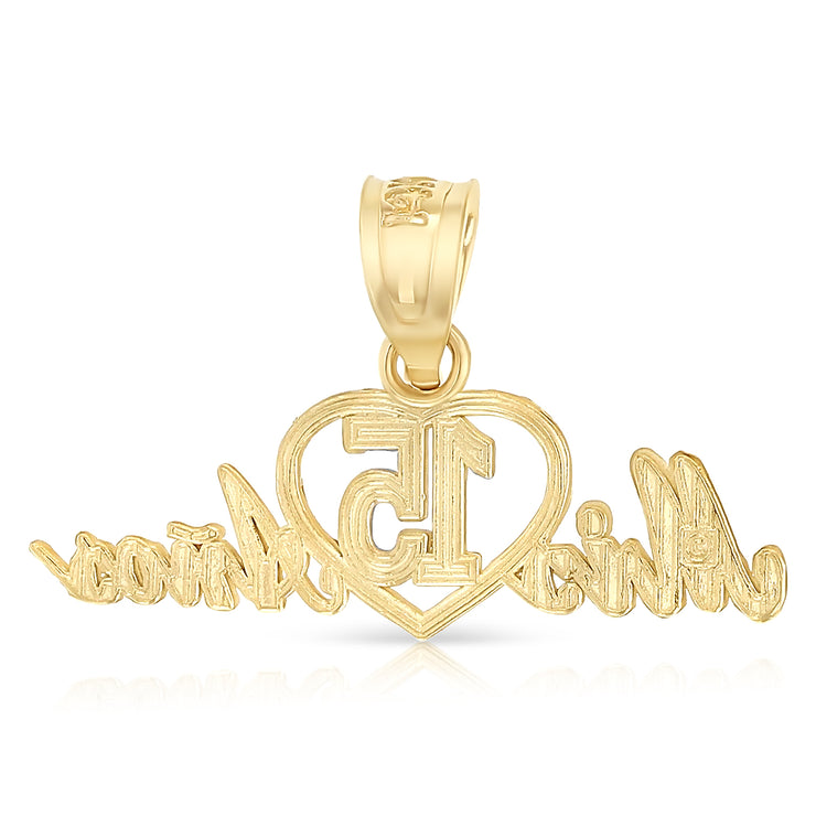 14K Gold Quinceanera Heart Mis 15 Anos Pendant with 2mm Hollow Cuban Bevel Chain