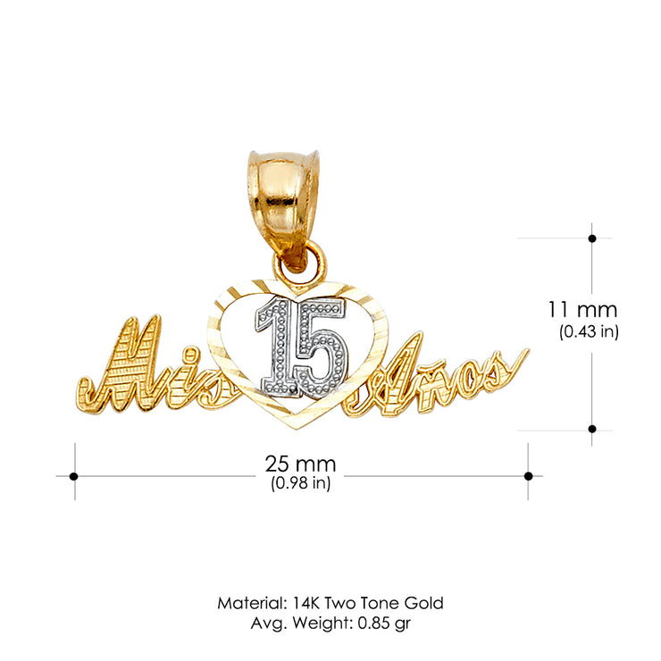 14K Gold Quinceanera Heart Mis 15 Anos Pendant with 1.5mm Valentino Chain