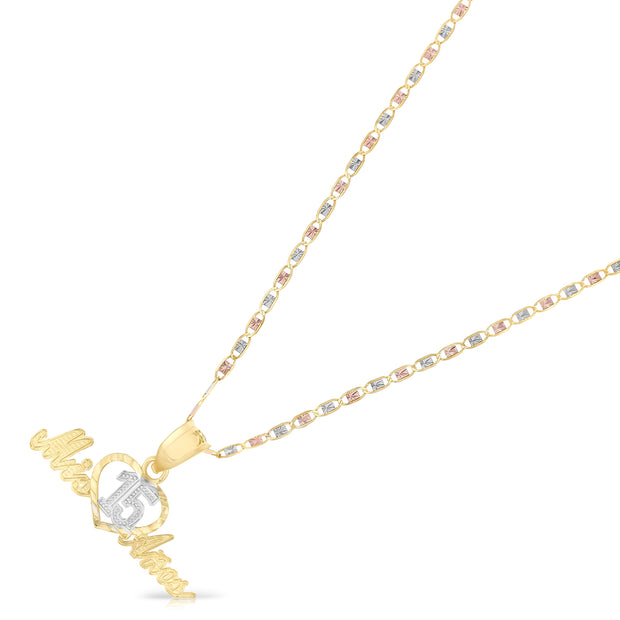 14K Gold Quinceanera Heart Mis 15 Anos Pendant with 1.5mm Valentino Chain