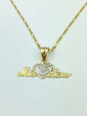 14K Gold Quinceanera Heart Mis 15 Anos Pendant with 1.6mm Figaro 3+1 Chain