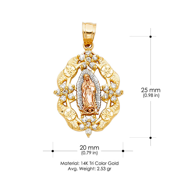 14K Gold Guadalupe CZ Charm Pendant with 1.1mm Wheat Chain Necklace