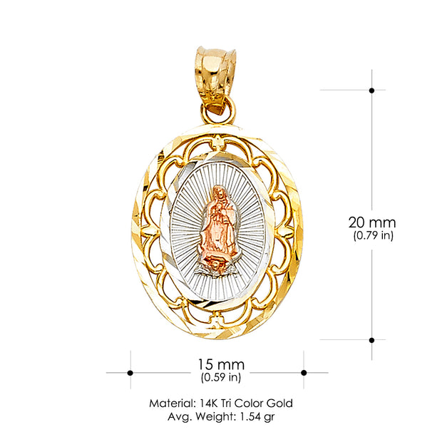 14K Gold Guadalupe Charm Pendant with 0.9mm Wheat Chain Necklace