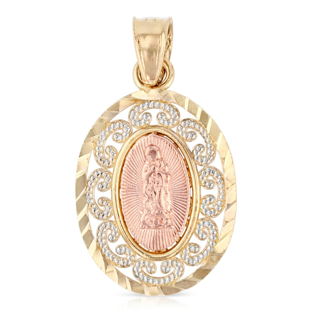 14K Gold Guadalupe Pendant with 2.3mm Hollow Cuban Chain