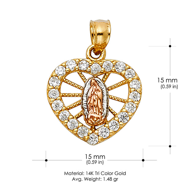 14K Gold Religious Guadalupe Heart CZ Charm Pendant with 0.8mm Box Chain Necklace