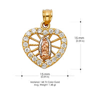 14K Gold Guadalupe Heart CZ Charm Pendant with 0.9mm Wheat Chain Necklace