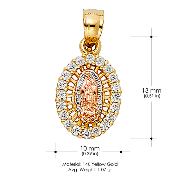 14K Gold Guadalupe CZ Pendant with 2mm Hollow Cuban Bevel Chain