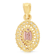 14K Gold Guadalupe CZ Charm Pendant with 0.9mm Wheat Chain Necklace