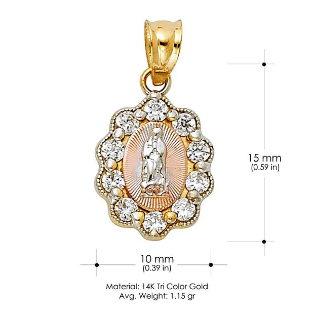 14K Gold Guadalupe CZ Charm Pendant with 0.9mm Wheat Chain Necklace