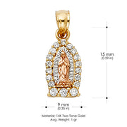 14K Gold Religious Guadalupe CZ Charm Pendant with 0.6mm Box Chain Necklace