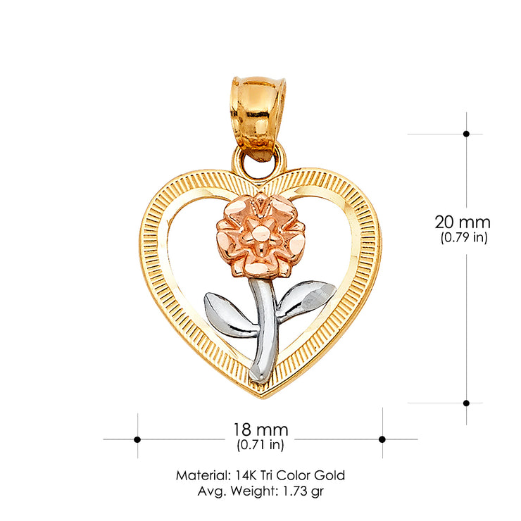 14K Gold Flower in Heart Pendant with 2mm Figaro 3+1 Chain