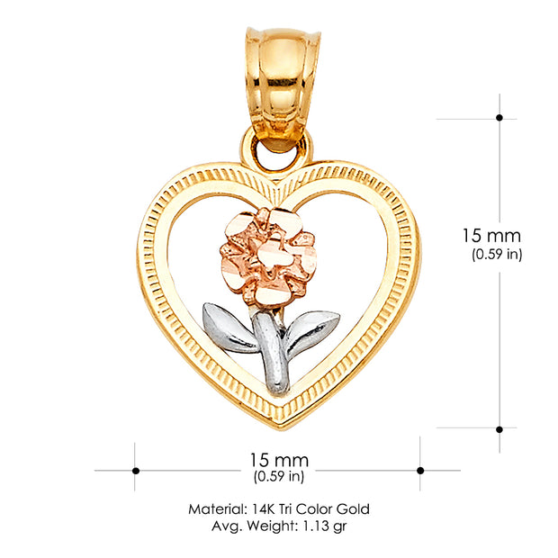 14K Gold Flower in Heart Charm Pendant with 0.9mm Wheat Chain Necklace