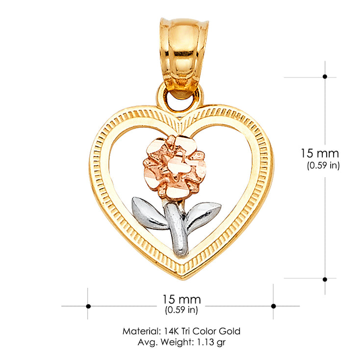 14K Gold Flower in Heart Charm Pendant