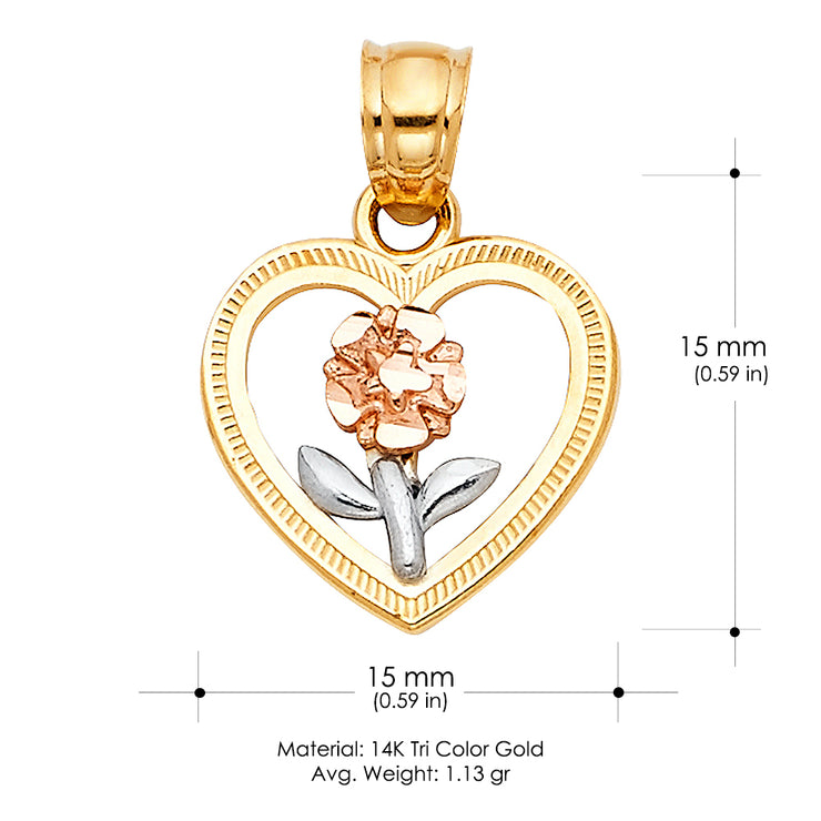 14K Gold Flower in Heart Charm Pendant with 0.8mm Box Chain Necklace