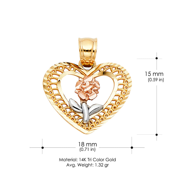 14K Gold Flower in Heart Charm Pendant