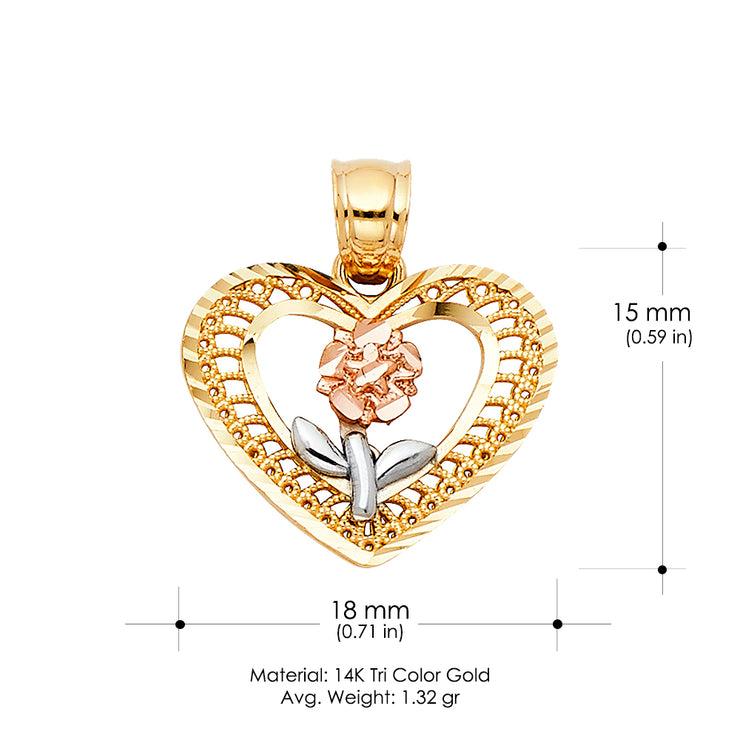 14K Gold Flower in Heart Pendant with 2.3mm Hollow Cuban Chain