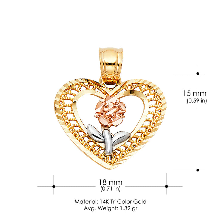 14K Gold Flower in Heart Pendant with 2mm Figaro 3+1 Chain