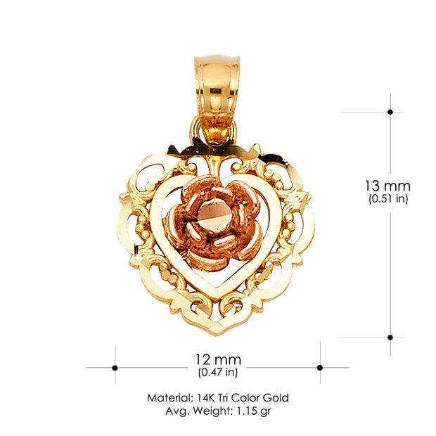 14K Gold Rose Flower Pendant with 2mm Hollow Cuban Bevel Chain