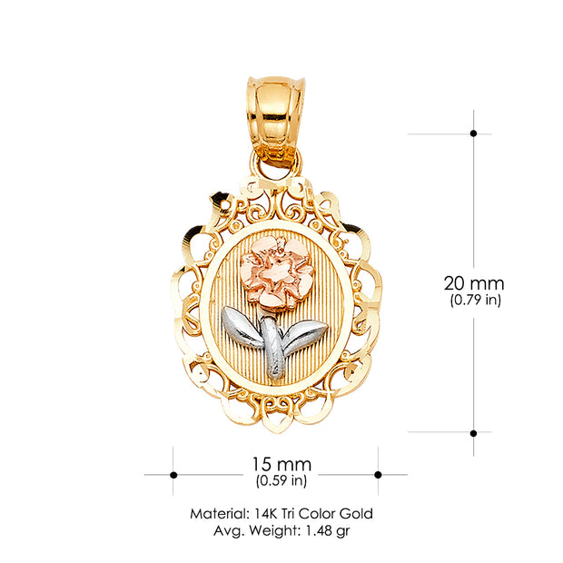 14K Gold Flower Round Pendant with 2.3mm Hollow Cuban Chain