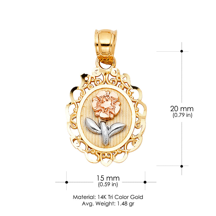 14K Gold Flower Round Pendant with 2mm Figaro 3+1 Chain