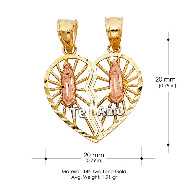 14K Gold Guadalupe Broken Heart Te Amo Pendant with 2mm Figaro 3+1 Chain