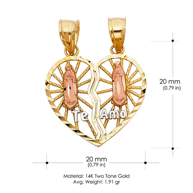 14K Gold Guadalupe Broken Heart Te Amo Pendant with 2.3mm Hollow Cuban Chain