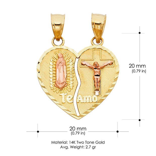 14K Gold Guadalupe Jesus Broken Heart Te Amo Pendant with 1.5mm Flat Open Wheat Chain