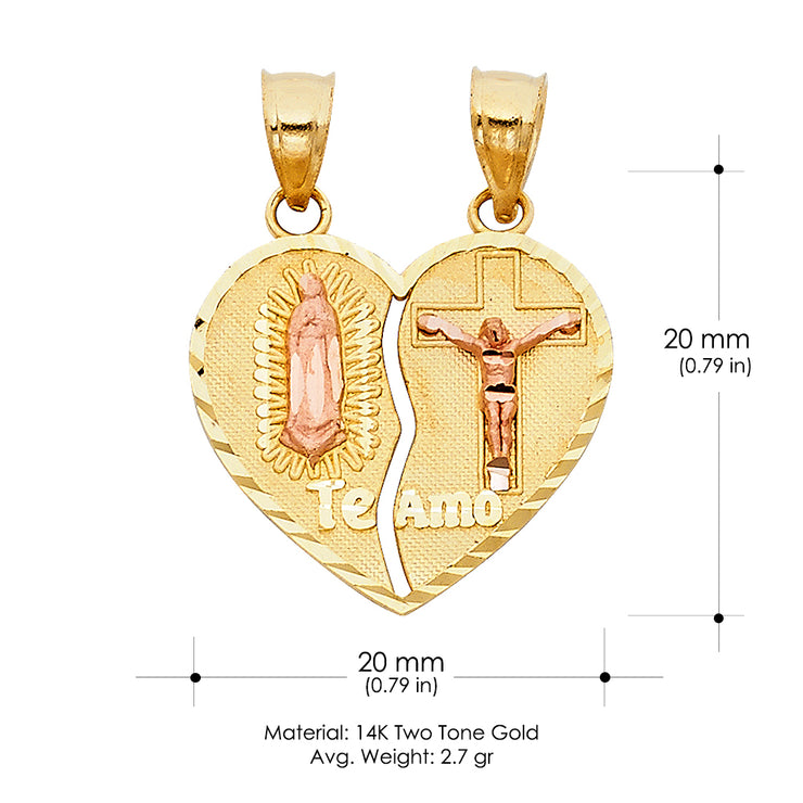 14K Gold Guadalupe Jesus Broken Heart Te Amo Pendant with 1.2mm Singapore Chain