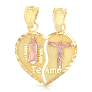 14K Gold Guadalupe Jesus Broken Heart Te Amo Pendant with 1.2mm Flat Open Wheat Chain