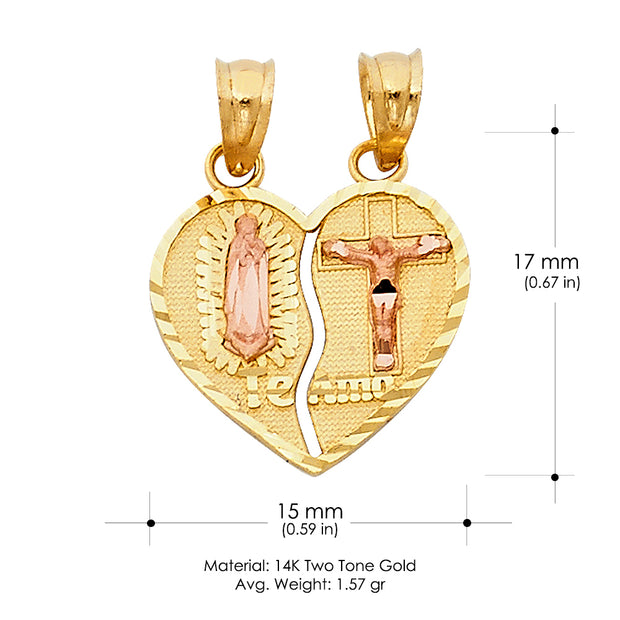 14K Gold Guadalupe Jesus Broken Heart Te Amo Pendant with 1.2mm Flat Open Wheat Chain