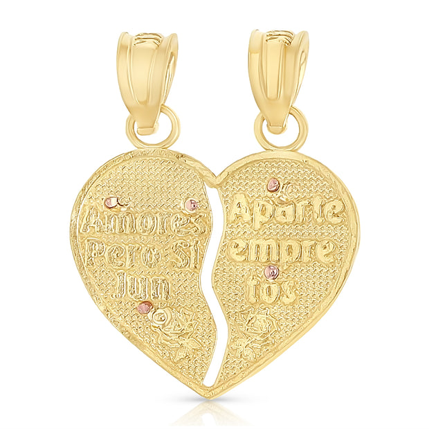 14K Gold Guadalupe Jesus Broken Heart Te Amo Charm Pendant with 0.9mm Wheat Chain Necklace