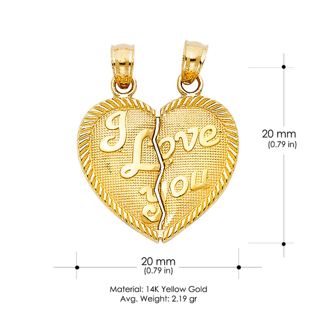 14K Gold 'I Love You' Couple Broken Heart Pendant with 1.5mm Flat Open Wheat Chain