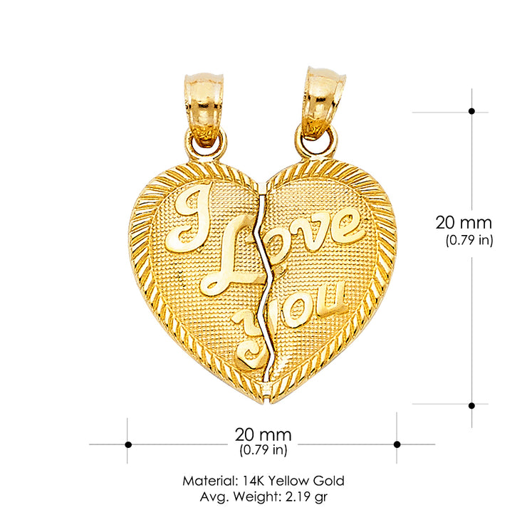 14K Gold 'I Love You' Couple Broken Heart Charm Pendant