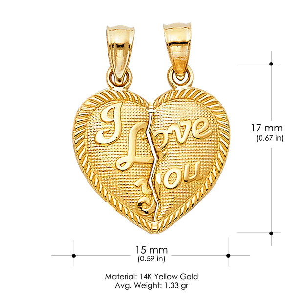 14K Gold Small 'I Love You' Couple Broken Heart Pendant with 1.2mm Flat Open Wheat Chain