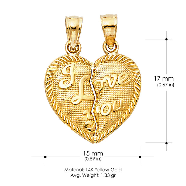 14K Gold Small 'I Love You' Couple Broken Heart Pendant with 0.9mm Singapore Chain