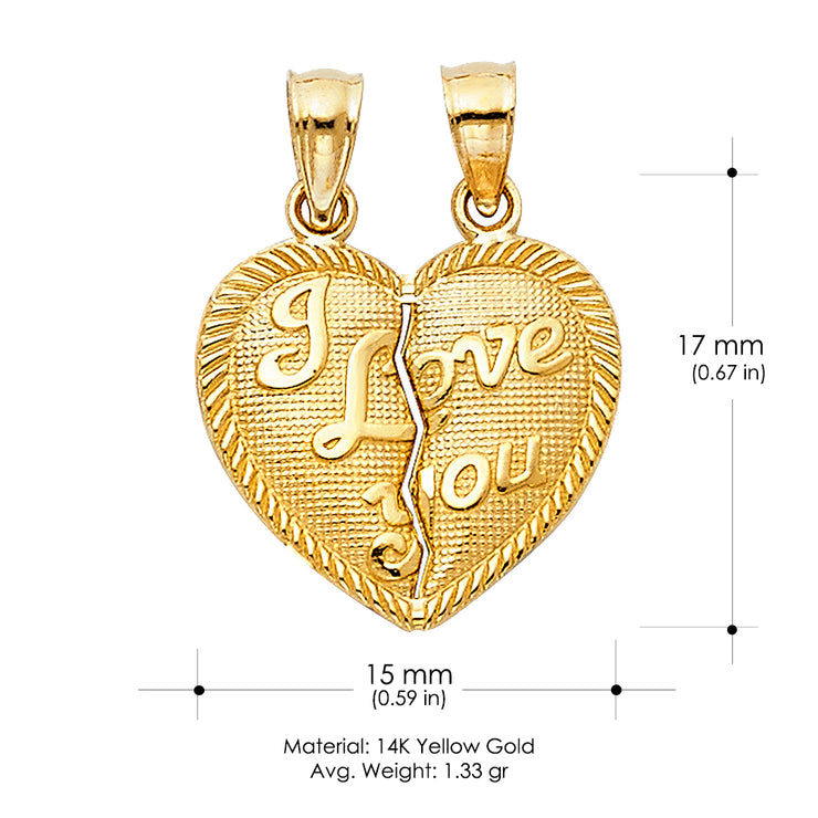 14K Gold Small 'I Love You' Couple Broken Heart Pendant with 0.9mm Singapore Chain