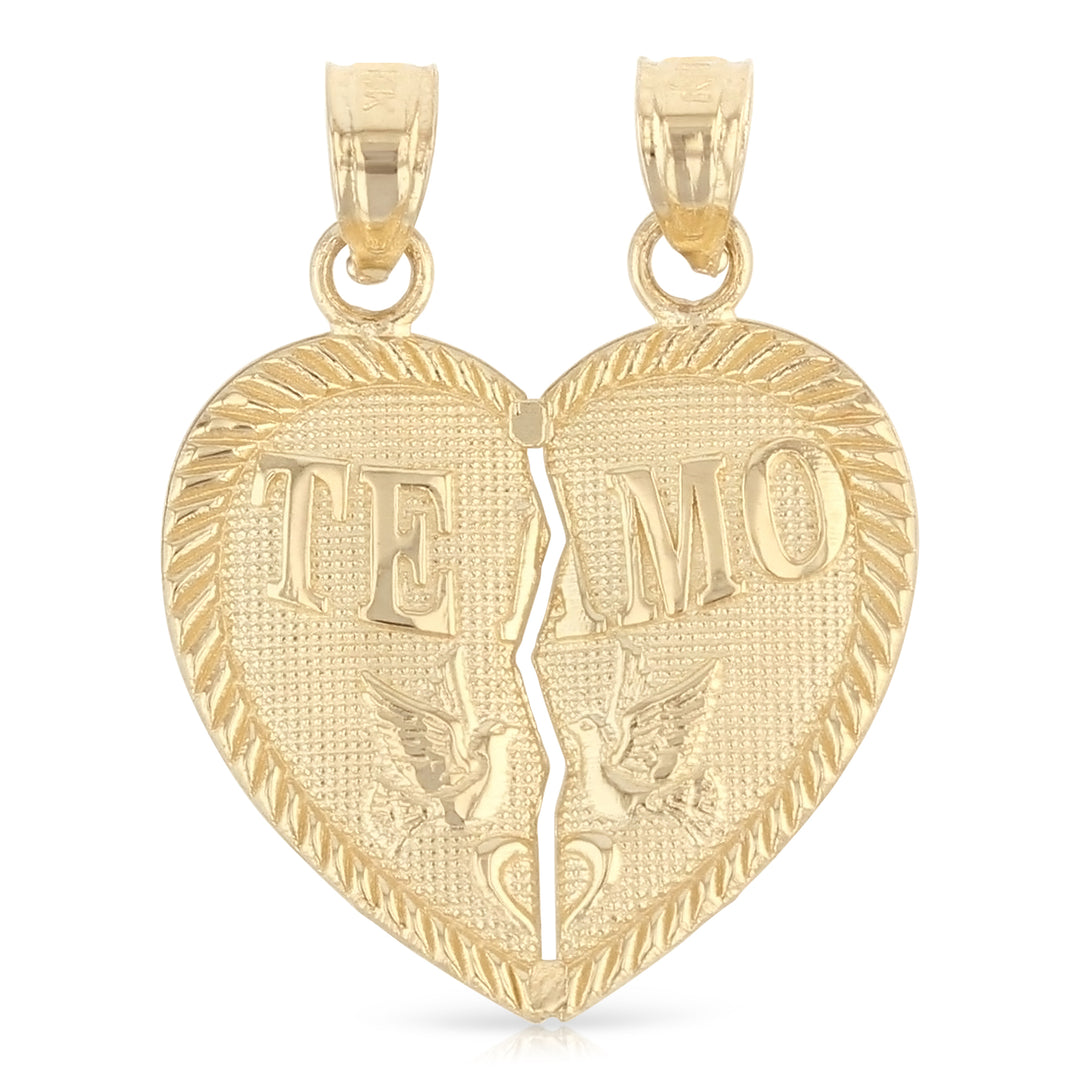 14K Gold 'Te Amo' Couple Broken Heart Pendant with 1.5mm Flat Open