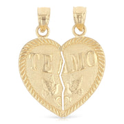 14K Gold 'Te Amo' Couple Broken Heart Pendant with 1.5mm Flat Open Wheat Chain