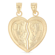 14K Gold 'Te Amo' Couple Broken Heart Pendant with 1.5mm Flat Open Wheat Chain