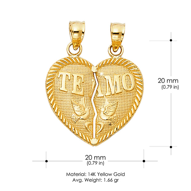 14K Gold 'Te Amo' Couple Broken Heart Pendant with 1.5mm Flat Open Wheat Chain