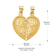 14K Gold 'Te Amo' Couple Broken Heart Pendant with 1.2mm Singapore Chain