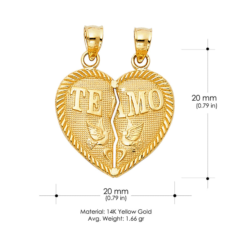 14K Gold 'Te Amo' Couple Broken Heart Pendant with 2.3mm Figaro 3+1 Chain